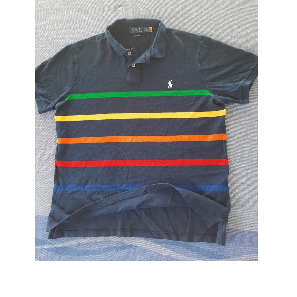 Polo Ralph Lauren Men Large Custom Slim Fit Rainbow Striped Knit Polo Shirt Navy